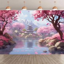 Fotografie-Hintergrund mit rosa Kirschblütenbaum-Motiv im japanischen Stil, dekorativer Fotografie-Hintergrund mit Kirschblüten-Mount Fuji