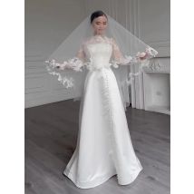 SoDigne A-line Satin/Lace Wedding Dress Full Sleeves Bride Dresses   Muslim Women Bridal Gowns vestidos de novia Customized