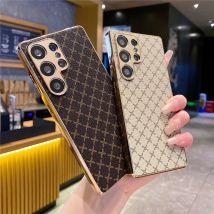 Custodia per telefono in pelle con motivo a griglia retrò con placcatura in oro di lusso per Samsung S26 Ultra S25 Edge S24 Ultra S23 FE S25 Plus