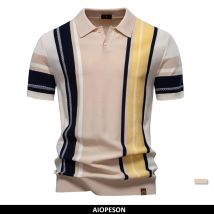 AIOPSON 2025, atmungsaktives, gestreiftes Poloshirt mit Kontrastplatte für Herren – leichtes, lässiges Sommer-Strickoberteil mit Netzeinsätzen