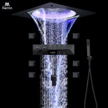 M Boenn Hochwertiges schwarzes Duschsystem für Badezimmer, Wasserfall-Wasserhahn, LED-Beleuchtung, Musik-Duschkopf, Thermostatmischer mit großem Durchfluss