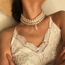 Mode Vintage mehrstufige Imitation Perle Choker Kette Halskette für Frauen weibliche Boho Barock Geometrie Anhänger Schmuck Geschenk