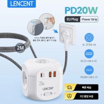 LENCENT Płaska listwa zasilająca z wtyczką EU z 4 gniazdami AC +2 QC3.0 USB+ 1Typ C PD20W Szybkie ładowanie 2M/3M Pleciony kabel do domu