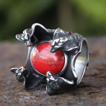 Neue kreative 316l Edelstahl vier Schlangen köpfe und roten Zirkon Punk Ring für Männer Mode Biker Tiers chmuck Geschenk