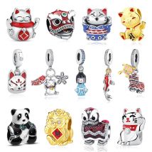 Original 925 Sterling Silver Charms Chinese New Year Lion Fortune Cat Doll Beads Fit Brand Necklaces Bracelets Jewelry For Women