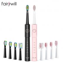 Spazzolino elettrico sonico Fairywill E11 Carica USB impermeabile con 8 testine di ricambio Set nero e rosa per coppia