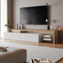 Rosahqnda Mobile TV per soggiorno, TV bassa, tabellone laterale, con LED, 2 partizioni in vetro, 3 cassetti, bianco lucido