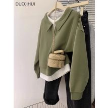 Duojihui grün gefälschte zweiteilige Basic Polo Neck Frauen Hoodies Frühling neue Kontrast farbe Mode einfache lose lässige weibliche Hoodies