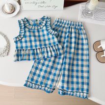 Summer Girls' Suits Fashion Floral Plaid Round Neck Tank Top+Wide Leg Pants Children's Clothing Two-piece Set