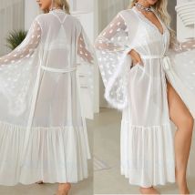 Sexy Bride Wedding Dress Soft Mesh Lace Flower Robe Long Kimono Nightwear Loose Bathrobe Feather Trim Big Sleeve Nightgown