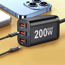 USB C Fast 200W 6-Port Charging Fast GaN Charger Power Adapter For iPhone 14/13/12 Series, Samsung Galaxy S23/S22/S21