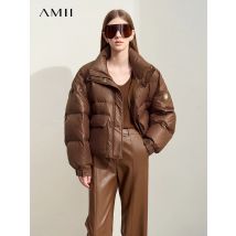 AMII Minimalistischer Damen-Daunenmantel 2024, Winter, warm, dick, Revers, Stehkragen, Kunstleder, Entendaunen, Damenjacke 12444025