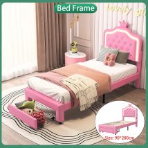 Anajqaqia Einzelbettgestell mit Lichtleiste, Schublade, 90 x 200 cm, Rosa