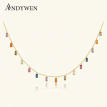 ANDYWEN 925 Sterling Silber Bunte Zirkon-Anhänger Regenbogen-Kette Choker Lange Halskette Mode Damen Europäischer Partyschmuck