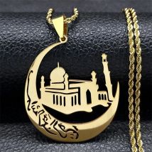 Islamische Moschee Crescent Moon Halskette für Frauen Männer Edelstahl Gold Farbe Arabisch Muslim Islam Kette Halsketten Schmuck N6072