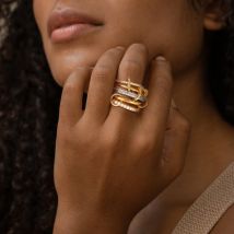 Trendiger mehrschichtiger Verbindungsring für Damen, vergoldeter Edelstahl, Zirkonia, Stapelringe, Modeschmuck, Geschenk