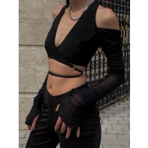 Sexy Schwarz Crop Tops Streetwear Frauen Fashion Lace Up Bandage V-ausschnitt Cut Out Langarm T Shirts
