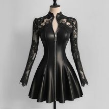 Damen Plissee A-Linie Kleid PU Leder Spitze Patchwork Langarm Reißverschluss Minikleid High Street Casual Elegant Y2K Chic Kleid