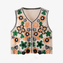 Daisy Crochet Vest for Women Sleeveless Button Down Open-knit Sweater Top Summer Teen-girl Boho Vacation Outfit