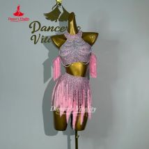 Latin Dance Costume Customized Exquisite Pearl Top+Tassel Short Skirt 2pcs Cha Cha Samba Rumba Competition Set Dance's Vitality