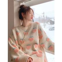 Winter Knitted Sweater Women Strawberry Embroidery Oversized Pullovers Harajuku Casual O-Neck Loose Knitwear Jumper Sueter Mujer