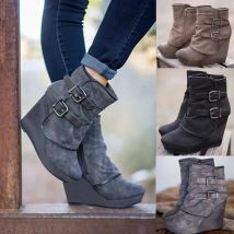 Damenmode Stiefeletten Wildleder Keil Reißverschluss Einfarbig Kurze Stiefel Runde Zehenschuhe Damen Hosenträgerschuhe 2025, NEU