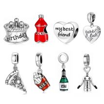Food Pendant 925 Sterling Silver Charms Pizza Cake Cola Drink Beads Fits Original Designer Charm Bracelets Jewelry Making