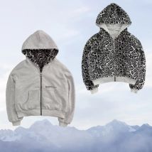 Dwustronna bluza z kapturem w panterkę na jesień i zimę, oryginalna, retro, stylowa, luźna, zapinana na zamek, streetwearowa, casualowa.