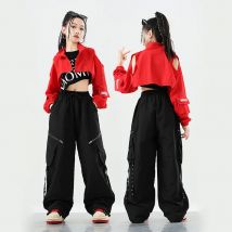 Kid Kpop Hip Hop Clothing Red Crop Jacket Top Black Casual Pocket Zipper Cargo Pants for Girls Boys Jazz Dance Costumes Clothes