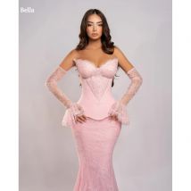 Bella Customized Pink Sleeves Lace Mermaid robes de soirée Strapless Backless Sleeveless Party Dresses Floor-Length Prom Dress