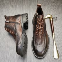 Herren-Lederstiefel, hohe Schuhe mit dickem Boden, runder Kopf, bequem, rutschfest, lässig, seitlicher Reißverschluss, kurze Stiefel, Botas Masculinas
