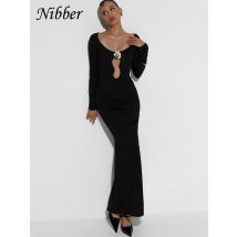 Nibber Metall Patchwork Kleid Frauen Low-Neck Hohl Volle Hülse Fit Herbst Trend Elegante Club Party Bankett Stretch Lange bodycon