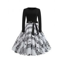 2025 neue Harajuku Vintage Frau Musik Note Drucken Elegante Party Kleid Casual frauen Retro Langarm Frühling Herbst Midi kleider
