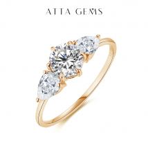 Attagems 2CT Moissanit Gelbgold vergoldete Ringe für Frauen D VVS1 Dreistein 6,5 mm runder Ring Verlobungsring Feiner Hochzeitsschmuck