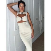 Damen Mode Hohl-out Solide Lange Kleid Frauen Elegante Rundhals Muschel Dekor Ärmellose Dünne Sommer Party Kleider Roben