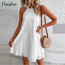 Sommer Mini kleid Frauen ärmel los o Hals Jacquard Design lässig Strand Urlaub Kleider für Frauen Party kleid weiß