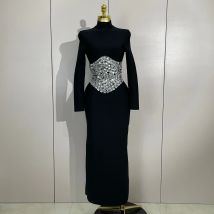 Elegant Sparkly Diamonds Long Sleeves Bodycon Long Bandage Dress Women Evening Prom Luxury Birthday Party Wedding Guest Gowns