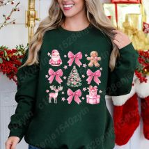 Christmas Pink Bow Santa Print Women Pullover Autumn And Winter Fashion Ladies Long Sleeve Sweatshirt O Neck Hoodless Sweatshirt