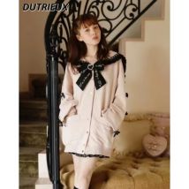Japanese Mines Sweet Girls Rhinestones Straps Bows Sailor Collar Sweatshirt Jacket Loose Single-breasted Mid-length Cardigan