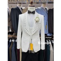 Weißer Jacquard-Herren-Smoking, 3-teilig, Blazer, Weste, Hose, Hochzeit, Bräutigam, Trauzeuge-Outfit, maßgeschneidertes Anzug-Set für Männer, Geburtstagsfeier