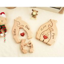 ​ Tier Bär Familie Ornamente DIY Holz Schnitzerei Kostenlose Gravur Benutzerdefinierte Name Figuren Hause Holz Puzzle Mutter Geburtstag Geschenk