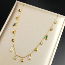 Mode Runde Rechteck Bunte Geometrische Zirkon Anhänger Kette Halskette Halsband Für Frauen Edelstahl Temperament schmuck