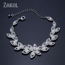ZAKOL Modische Zirkonia-Blumen-Charm-Armbänder für Frauen, mikropavébesetztes Blatt-Armband, Braut- und Hochzeitsschmuck