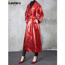 Lautaro Frühling Herbst lange glänzende reflektierende Patent Pu Leder Trenchcoat für Frauen Gürtel zweireihige Landebahn europäische Mode