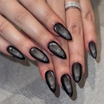 24Pcs Almond Fake Nails Gray Color Cat's Eyes Press On Nails Glossy Full Cover Acrylic False Nails Patches DIY Charm Manicure