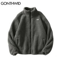 GONTHWID Harajuku Streetwear Fleece Jacken Einfarbig Casual Lose Voll Zipper Mäntel Hip Hop Winter