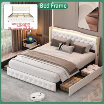 Anajqaqia Doppelbettgestell, weiße Farbe, vergoldetes Kopfteil, LED-Beleuchtung, Steckdosen auf beiden Seiten, 4 Schubladen