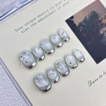 10 Stück handgefertigte Nägel zum Aufdrücken, Katzenauge, schimmernder Stern, silberner französischer Kunstnagel für Frauen und Mädchen, abnehmbarer, tragbarer Kunstnagel