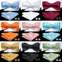 Stilvolles burgunderrotes Paisley-Krawatten-Set für Herren, einschließlich Krawatte, Fliege, Einstecktuch, Manschettenknöpfe, Ring, Reversclip und Boutonniere.