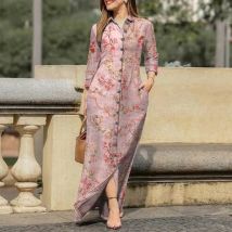 Elegant Printed Dress Fashion Lapel Single Breasted Long Sleeved Slim Fitting Dresses Spring Autumn Vintage Women's Clothing